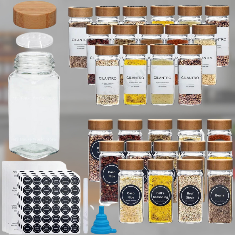 Kit Organizador Premium – Potes de Vidro para Temperos com Tampa de Bambu