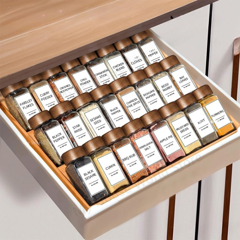Kit Organizador Premium – Potes de Vidro para Temperos com Tampa de Bambu