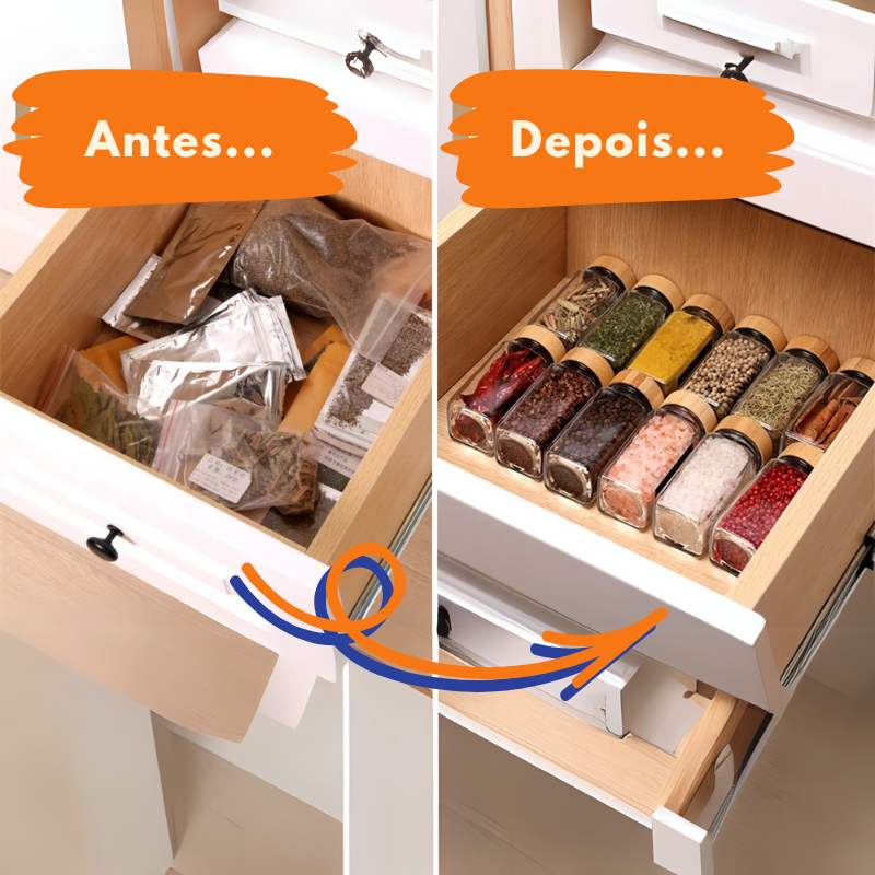 Kit Organizador Premium – Potes de Vidro para Temperos com Tampa de Bambu
