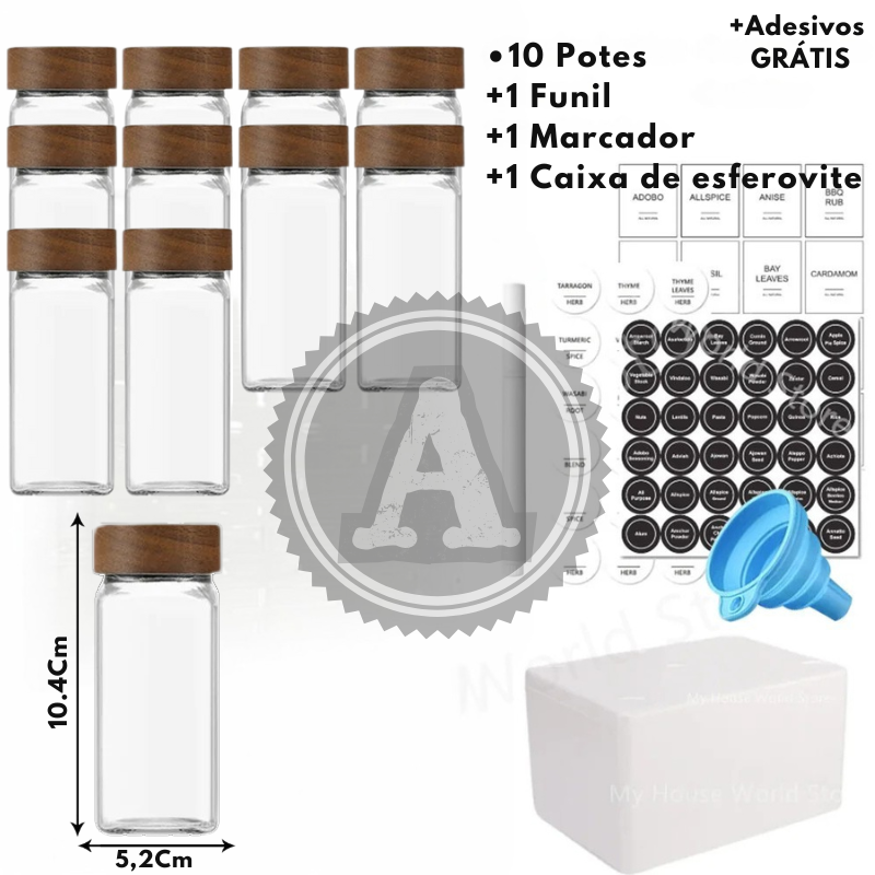 Kit Organizador Premium – Potes de Vidro para Temperos com Tampa de Bambu