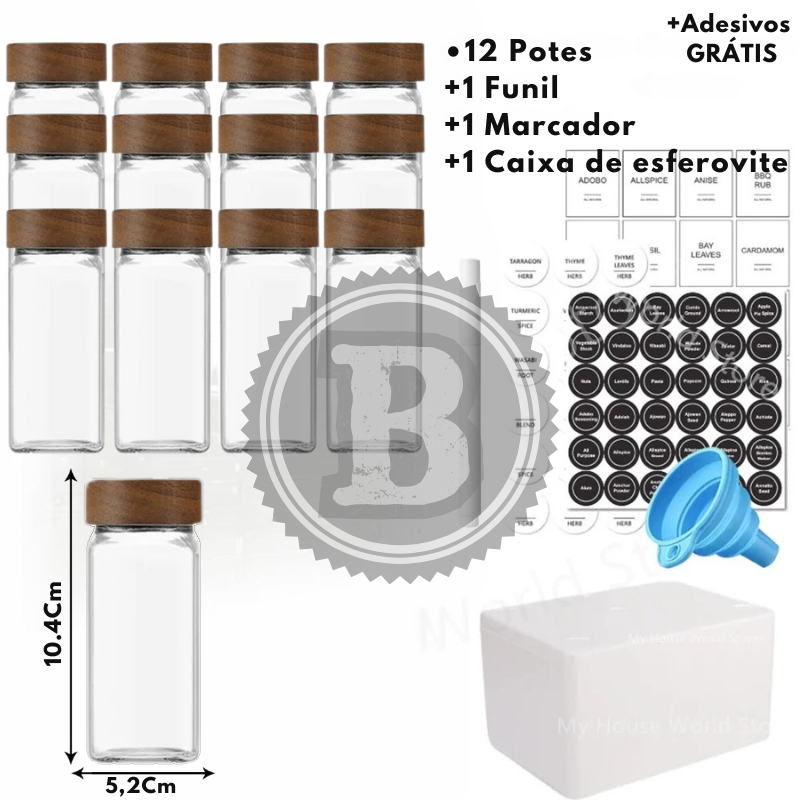 Kit Organizador Premium – Potes de Vidro para Temperos com Tampa de Bambu