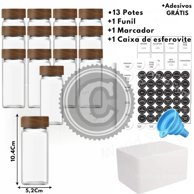 Kit Organizador Premium – Potes de Vidro para Temperos com Tampa de Bambu